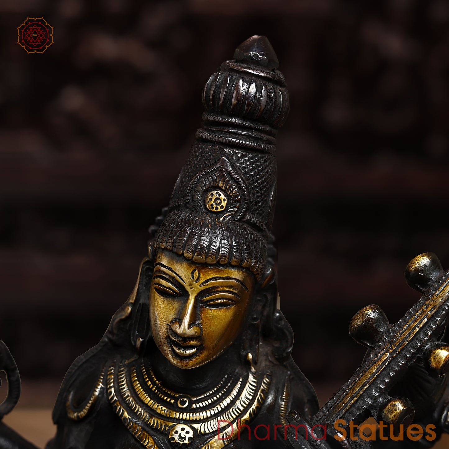 Brass Saraswati, Black Patina & Golden Finish, 12.5"