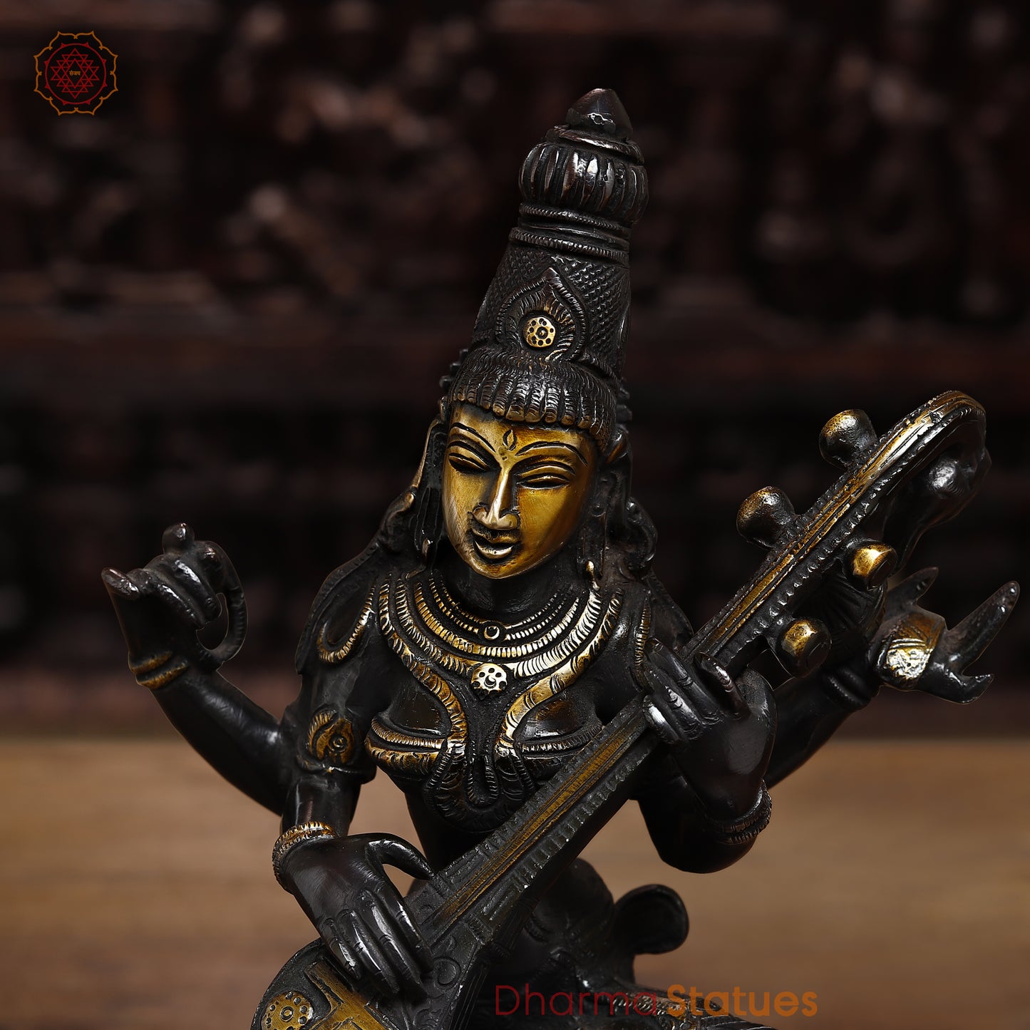 Brass Saraswati, Black Patina & Golden Finish, 12.5"