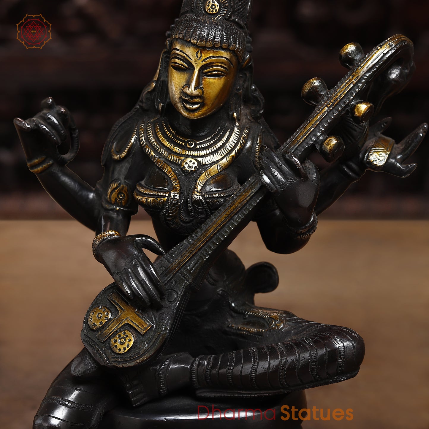 Brass Saraswati, Black Patina & Golden Finish, 12.5"