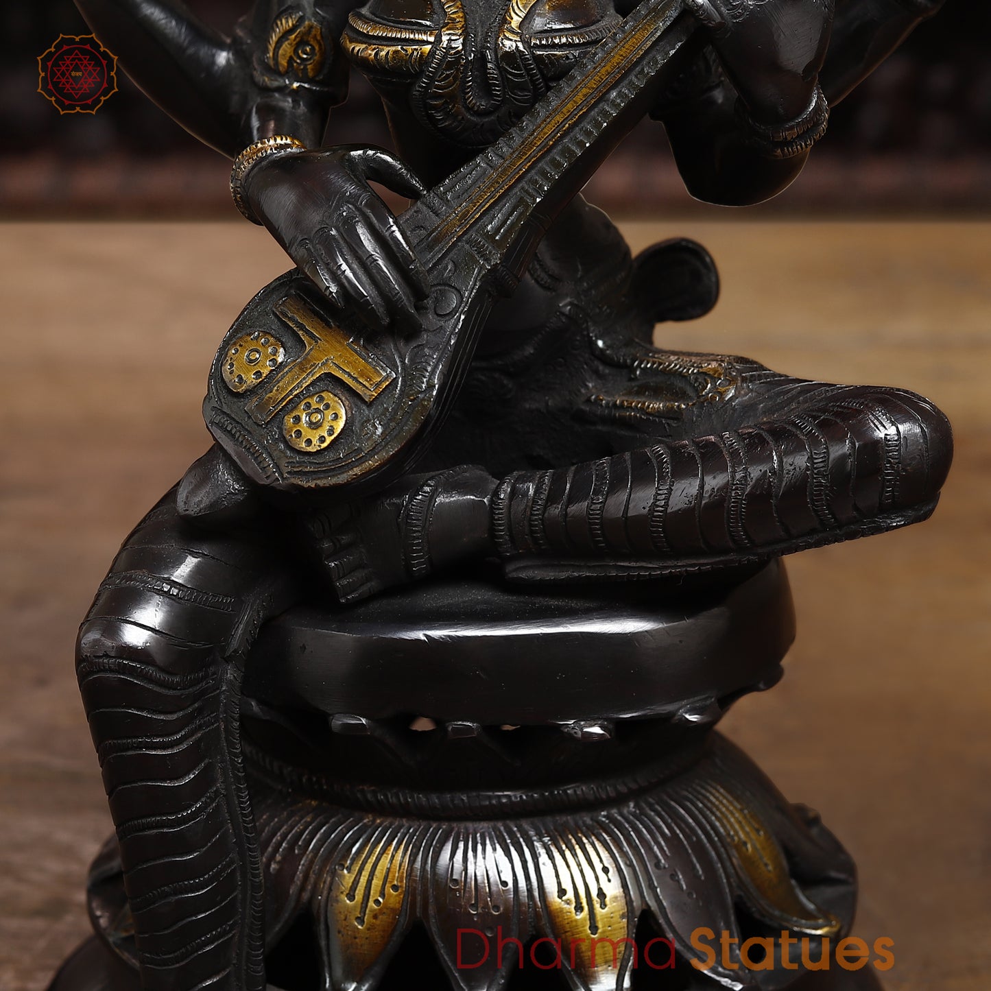 Brass Saraswati, Black Patina & Golden Finish, 12.5"