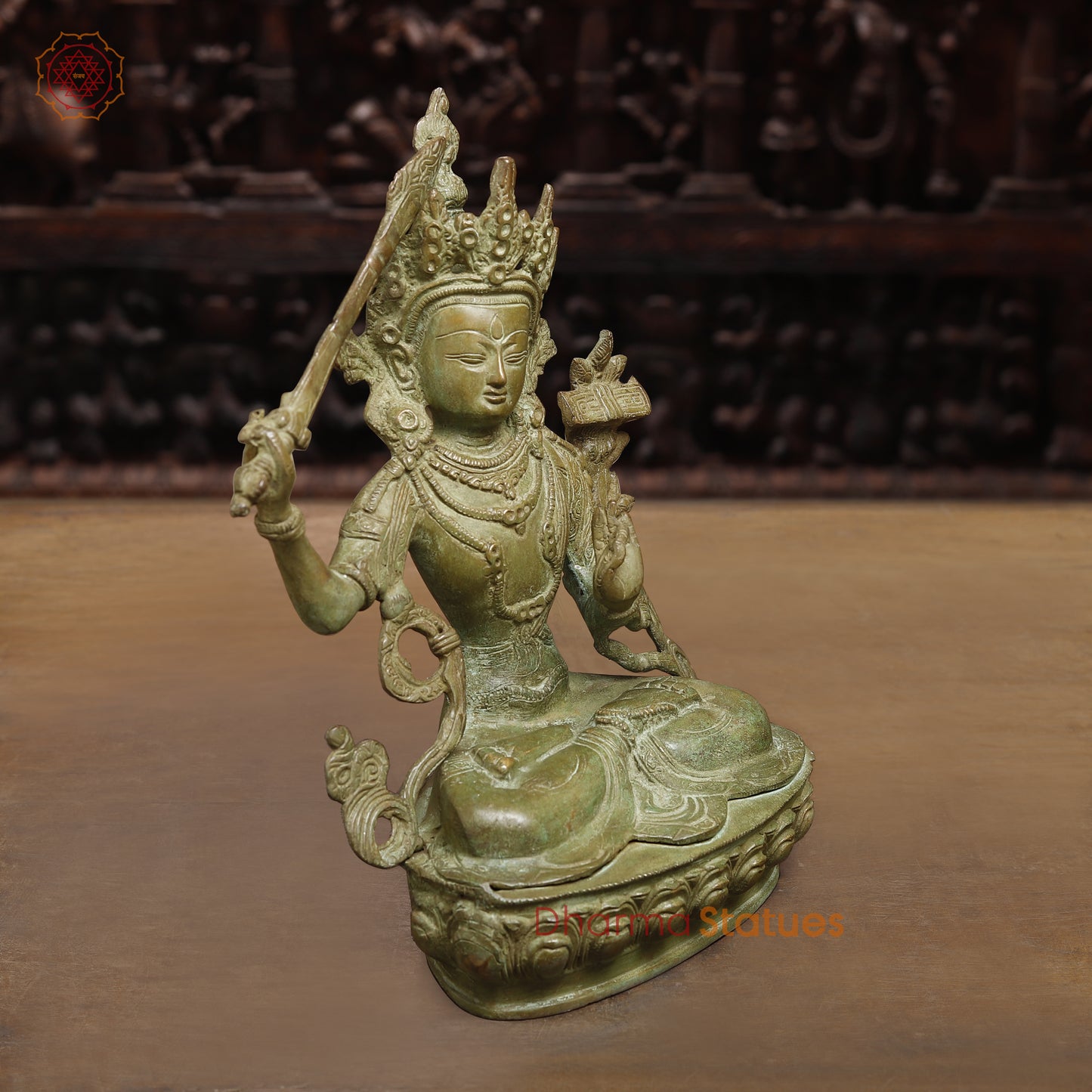Brass Tibetan Buddhist Deity Manjushri, Fine Green Finish, 12"
