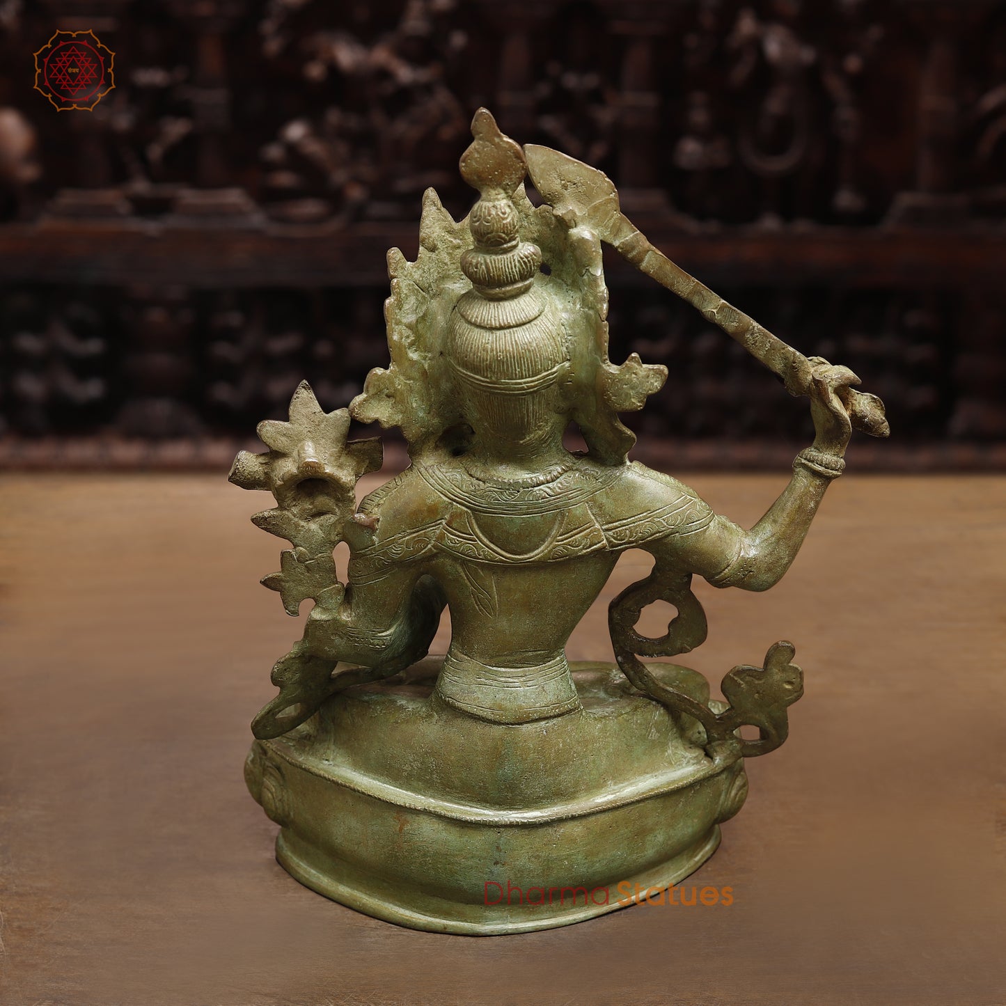 Brass Tibetan Buddhist Deity Manjushri, Fine Green Finish, 12"