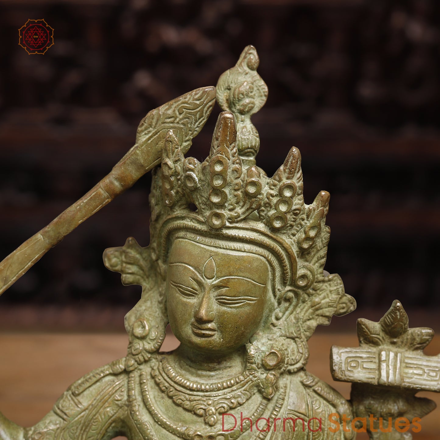 Brass Tibetan Buddhist Deity Manjushri, Fine Green Finish, 12"
