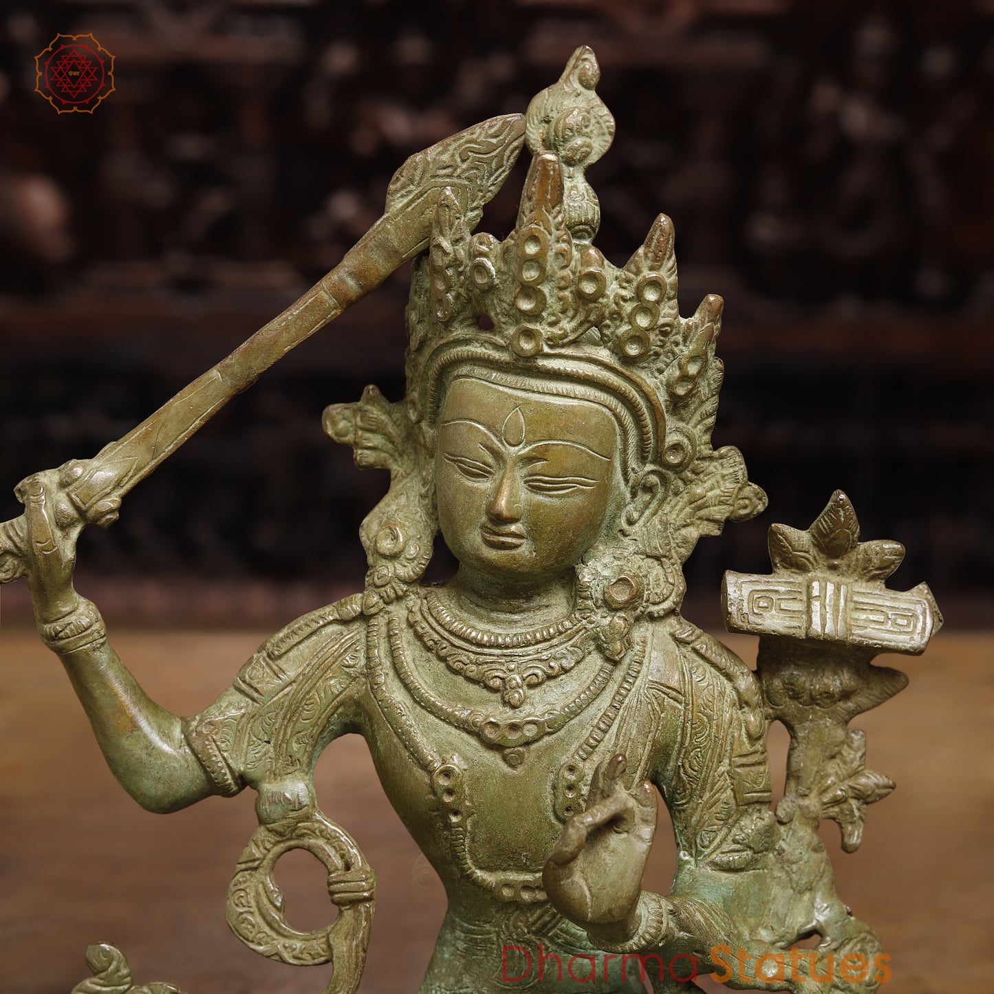 Brass Tibetan Buddhist Deity Manjushri, Fine Green Finish, 12"