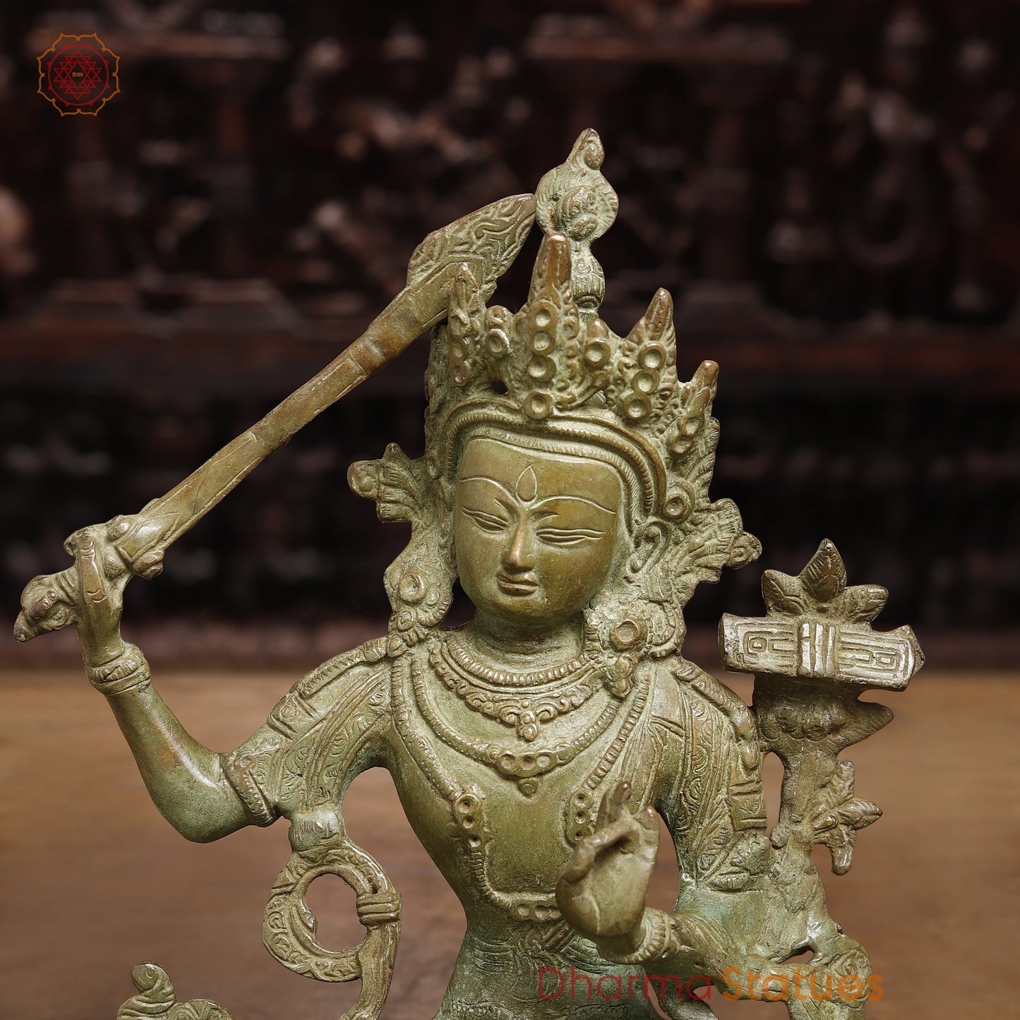 Brass Tibetan Buddhist Deity Manjushri, Fine Green Finish, 12"