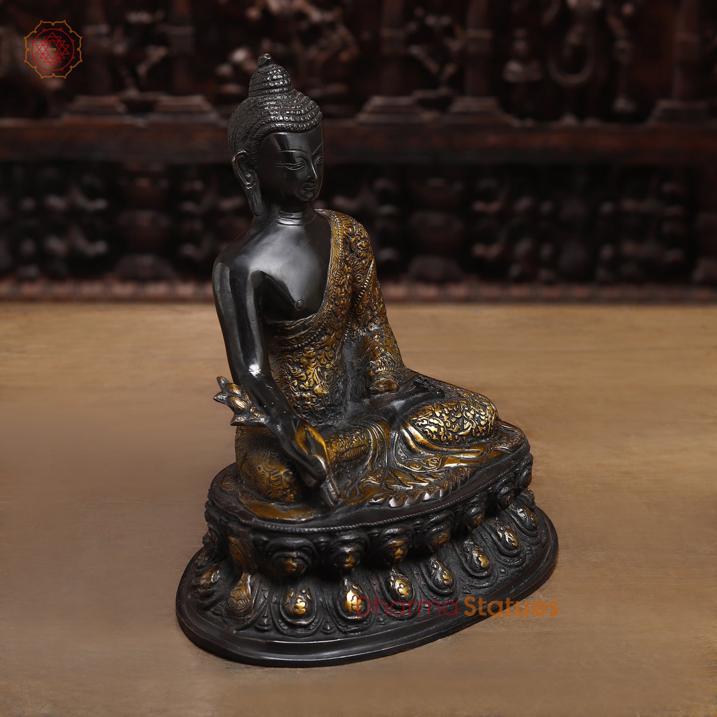 Brass Buddha seated, Black Patina & Golden Finish, 11"