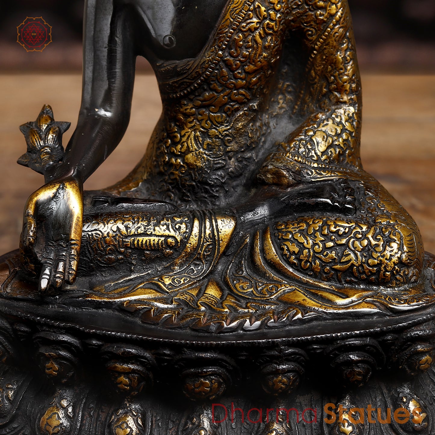 Brass Buddha seated, Black Patina & Golden Finish, 11"