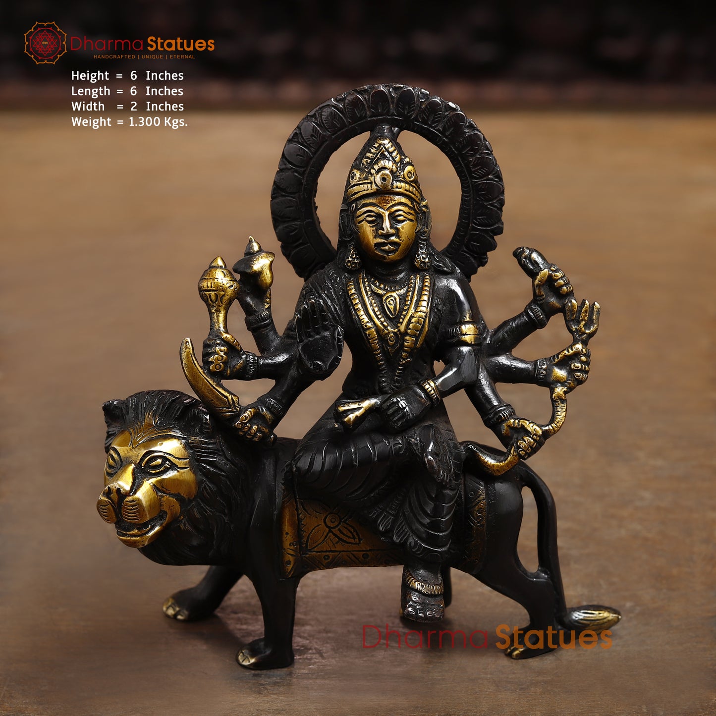 Brass Durga Seated on a Lion, Black Patina & Gold Finish, 6"