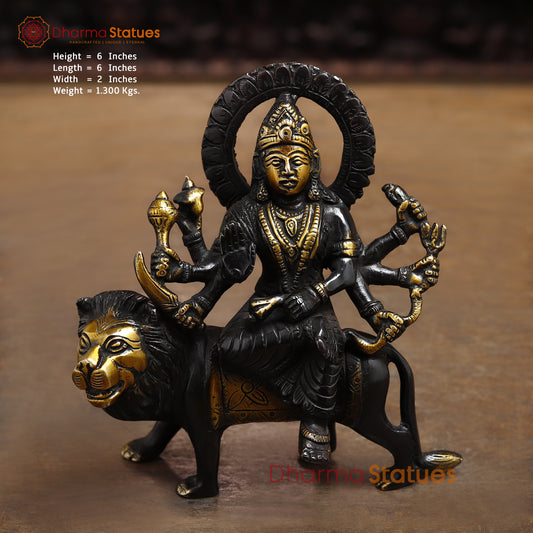 Brass Durga Seated on a Lion, Black Patina & Gold Finish, 6"