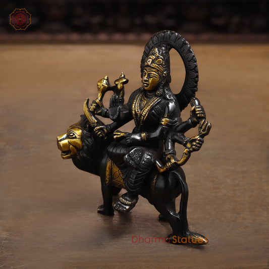 Brass Durga Seated on a Lion, Black Patina & Gold Finish, 6"