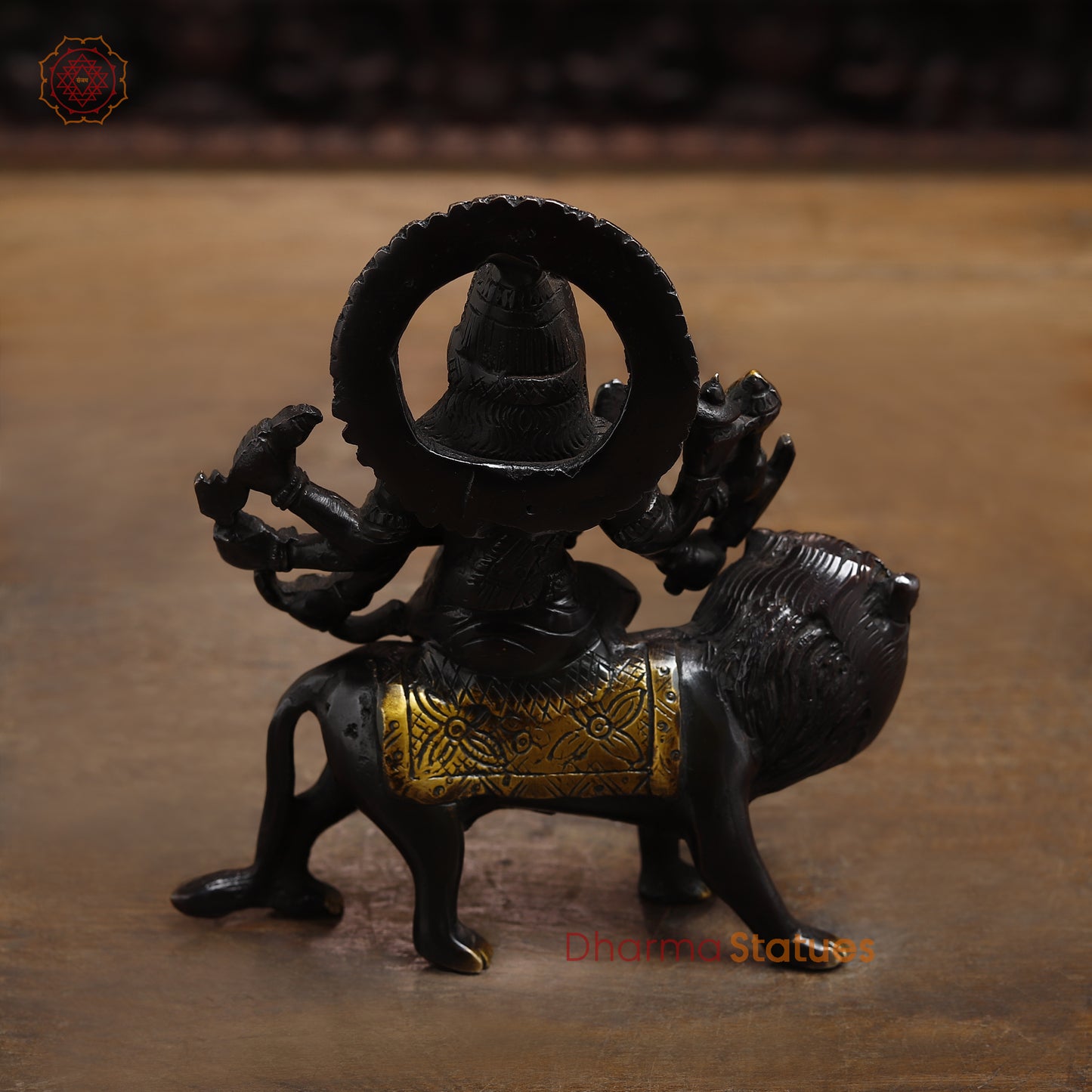 Brass Durga Seated on a Lion, Black Patina & Gold Finish, 6"