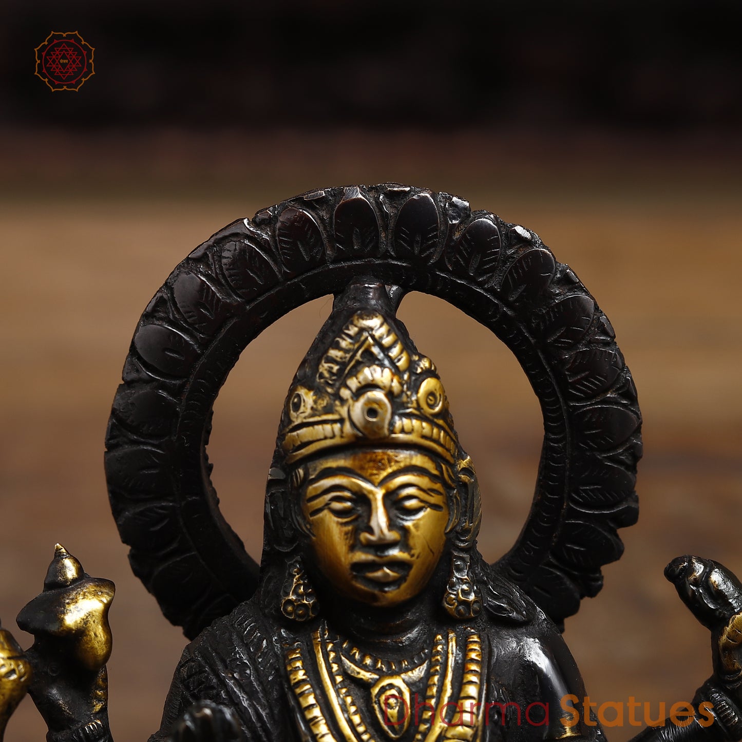 Brass Durga Seated on a Lion, Black Patina & Gold Finish, 6"