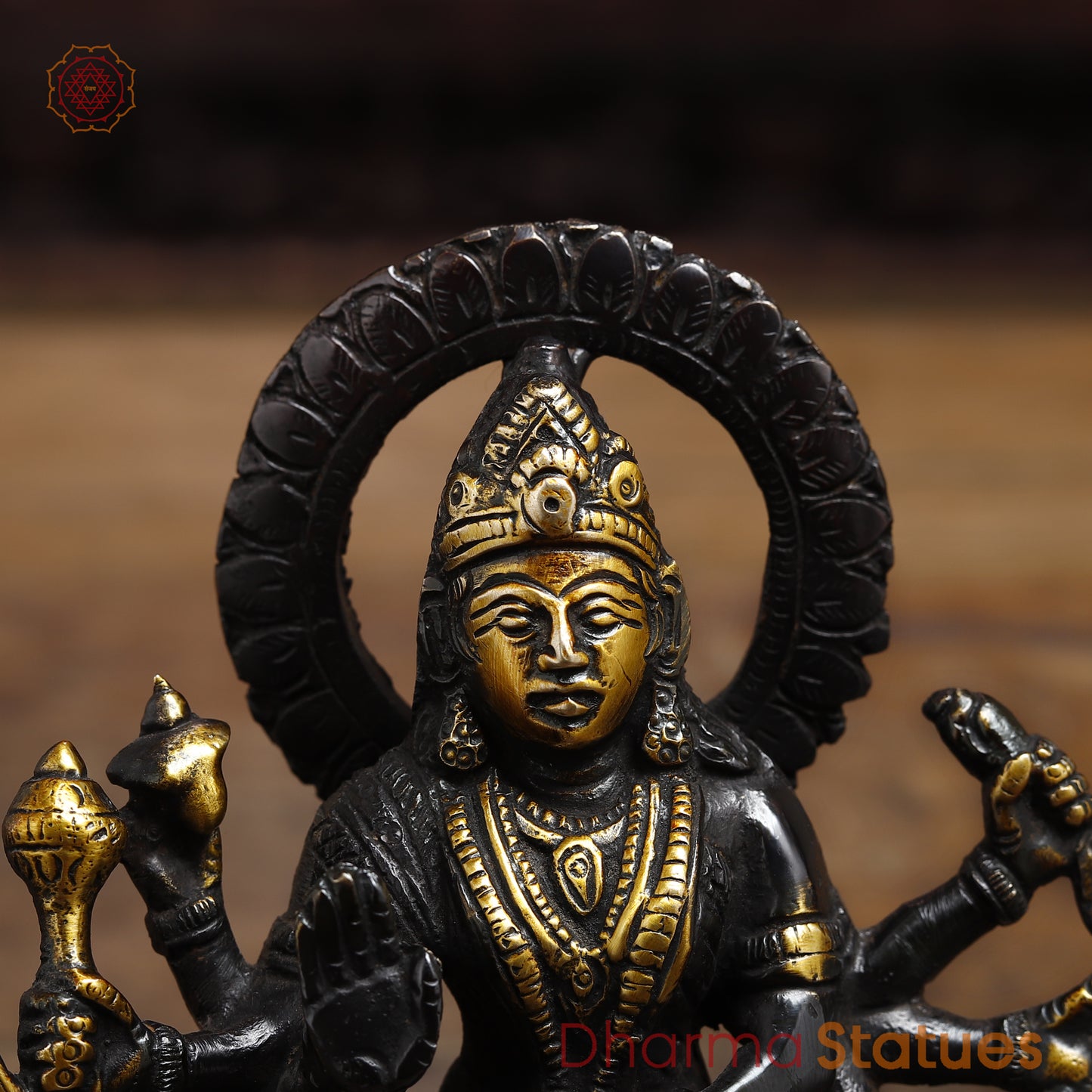 Brass Durga Seated on a Lion, Black Patina & Gold Finish, 6"