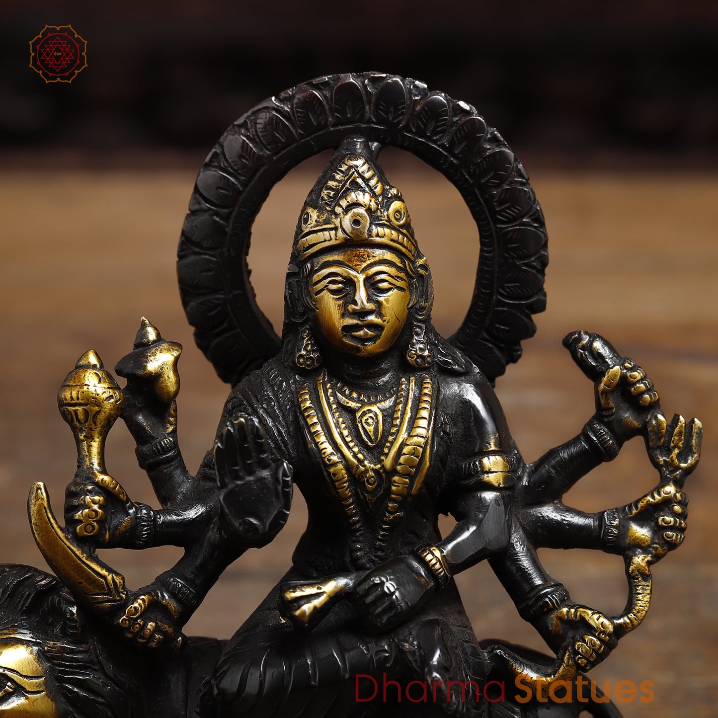 Brass Durga Seated on a Lion, Black Patina & Gold Finish, 6"
