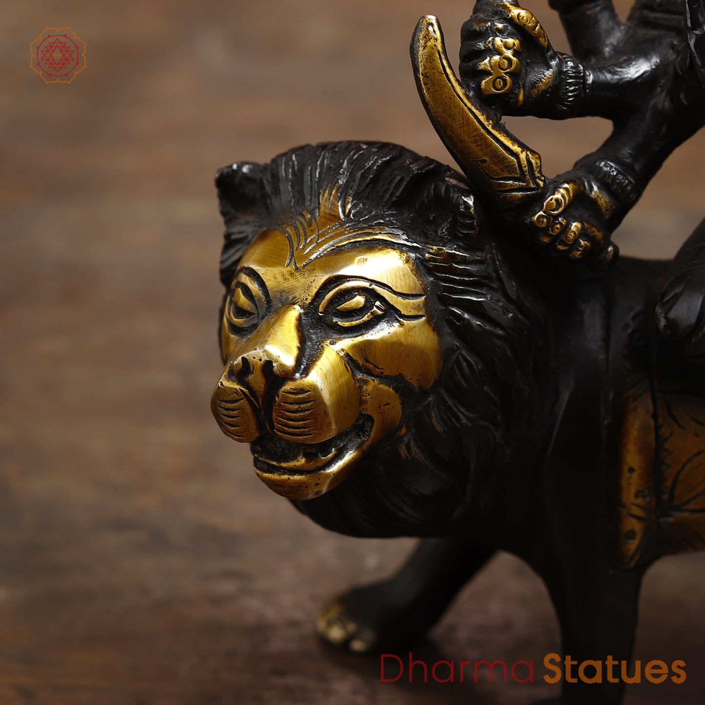 Brass Durga Seated on a Lion, Black Patina & Gold Finish, 6"