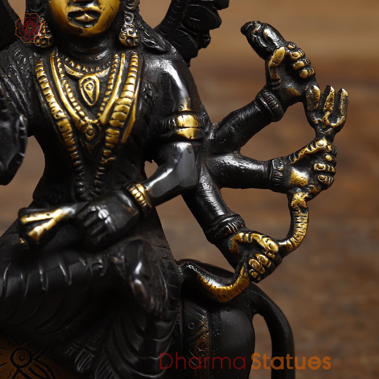 Brass Durga Seated on a Lion, Black Patina & Gold Finish, 6"