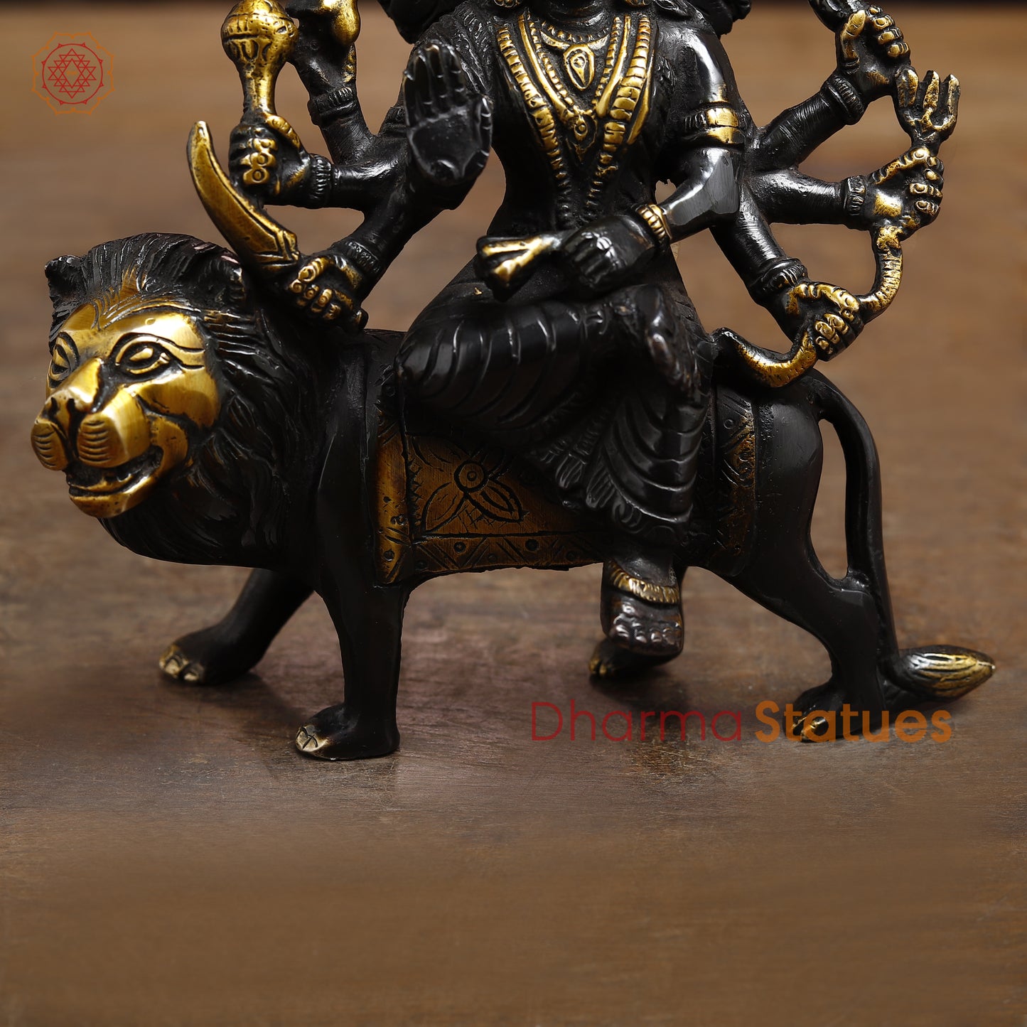 Brass Durga Seated on a Lion, Black Patina & Gold Finish, 6"