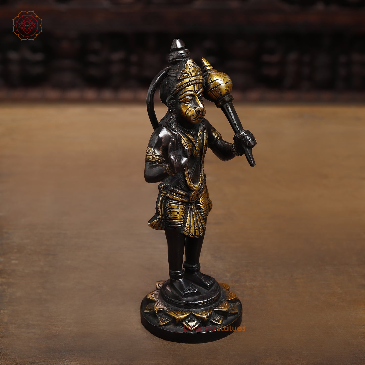 Brass Hanuman in Blessing Posture, Black Patina & Golden Finish, 8"