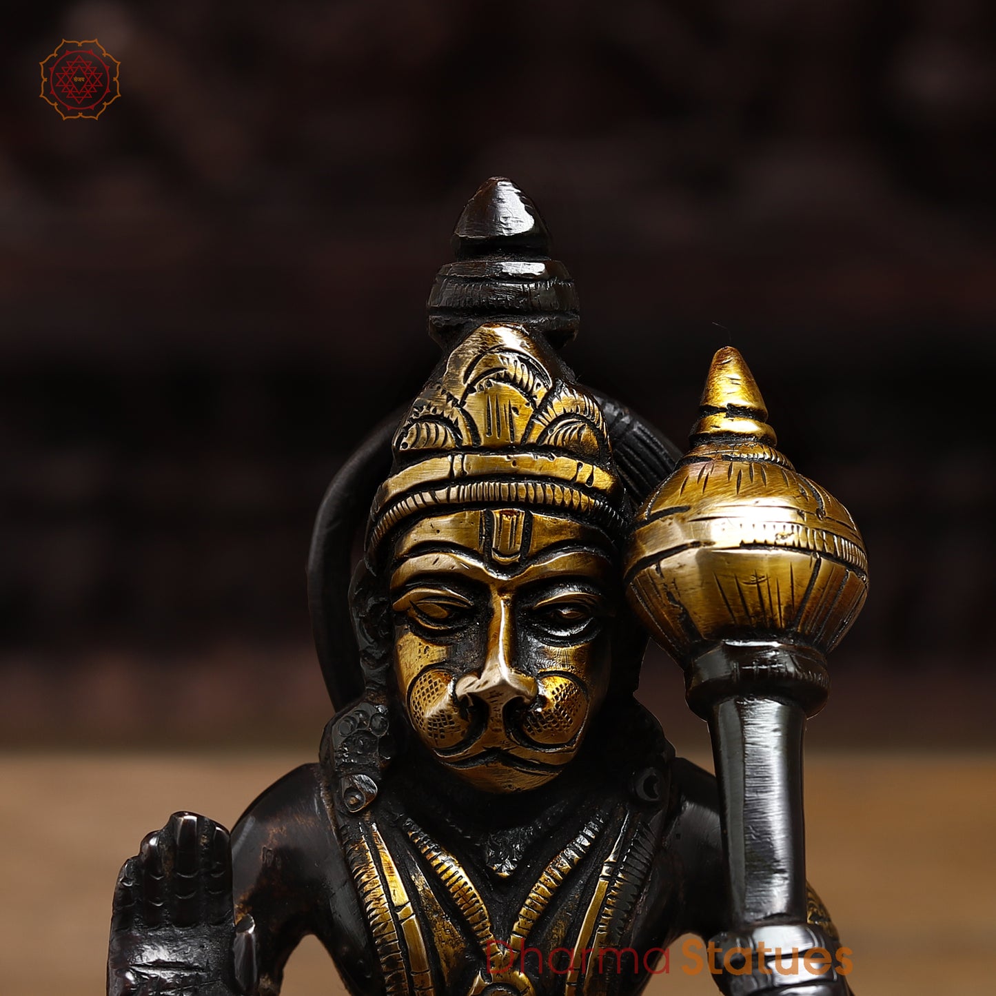 Brass Hanuman in Blessing Posture, Black Patina & Golden Finish, 8"