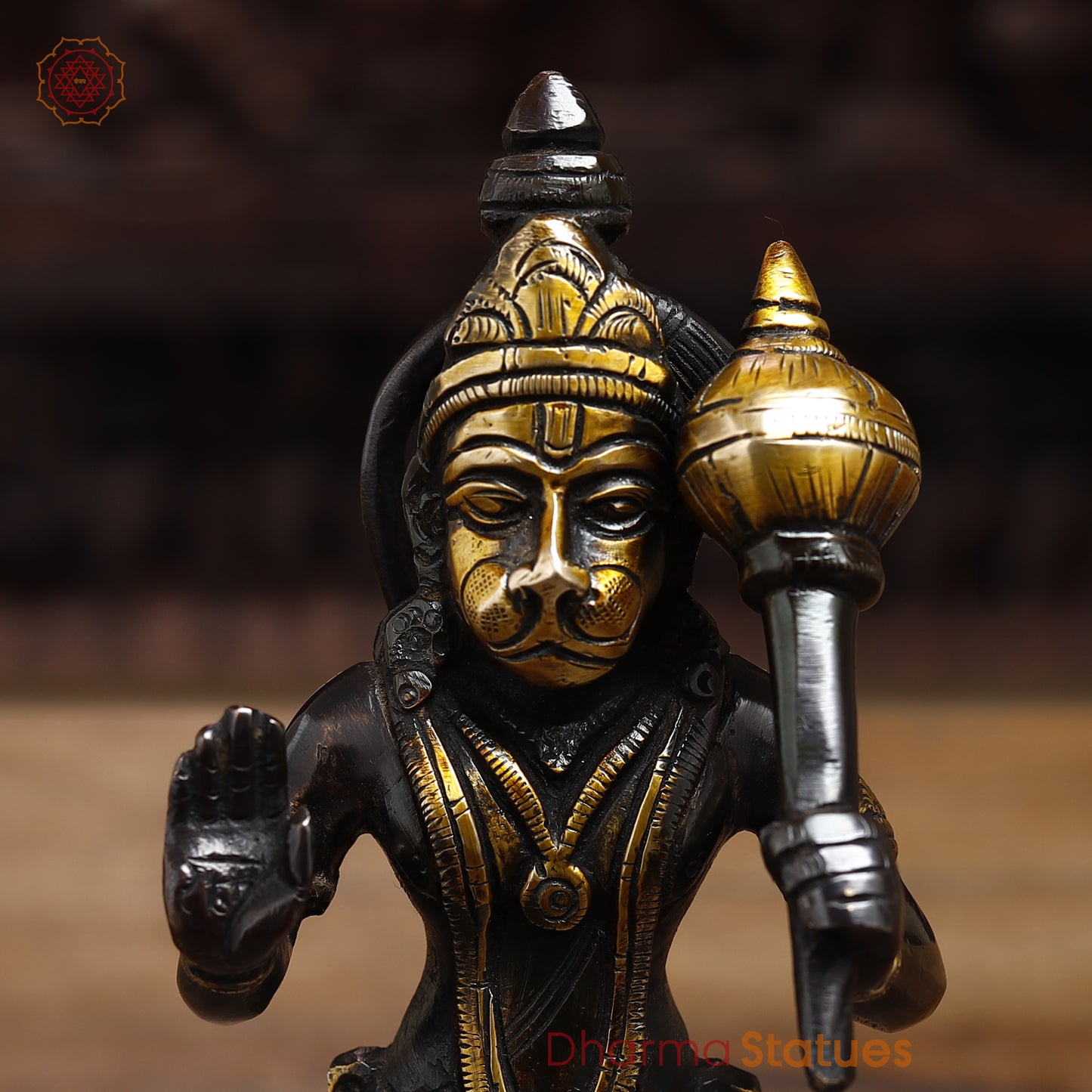 Brass Hanuman in Blessing Posture, Black Patina & Golden Finish, 8"