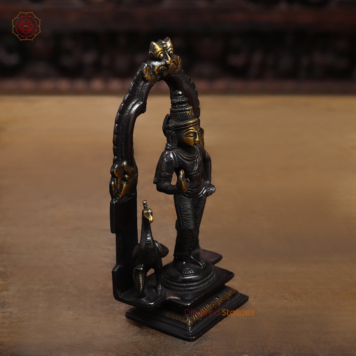 Brass Kartikeya in Blessing Posture, Black Patina & Gold Finish, 7.5"
