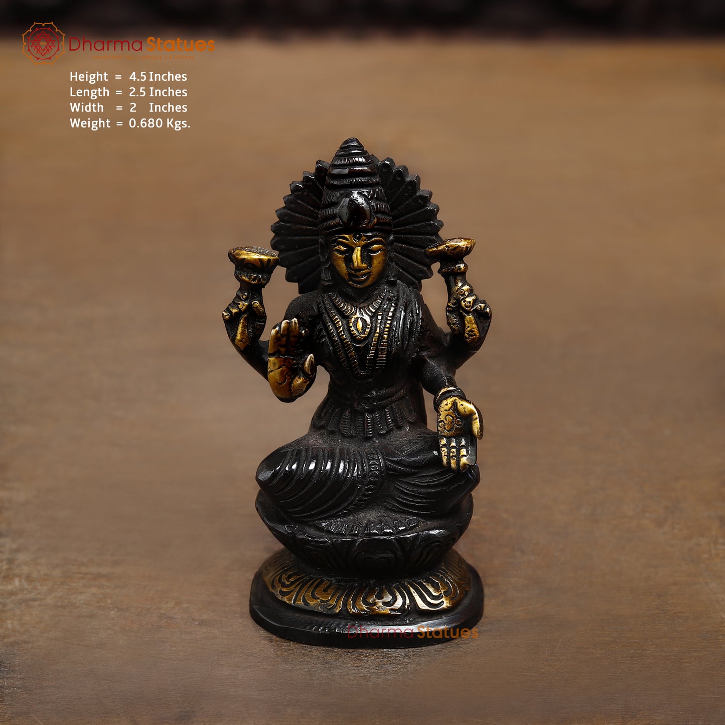 Brass Lakshmi seated in Blessing Posture, Black Patina & Golden Finish, 4.5"