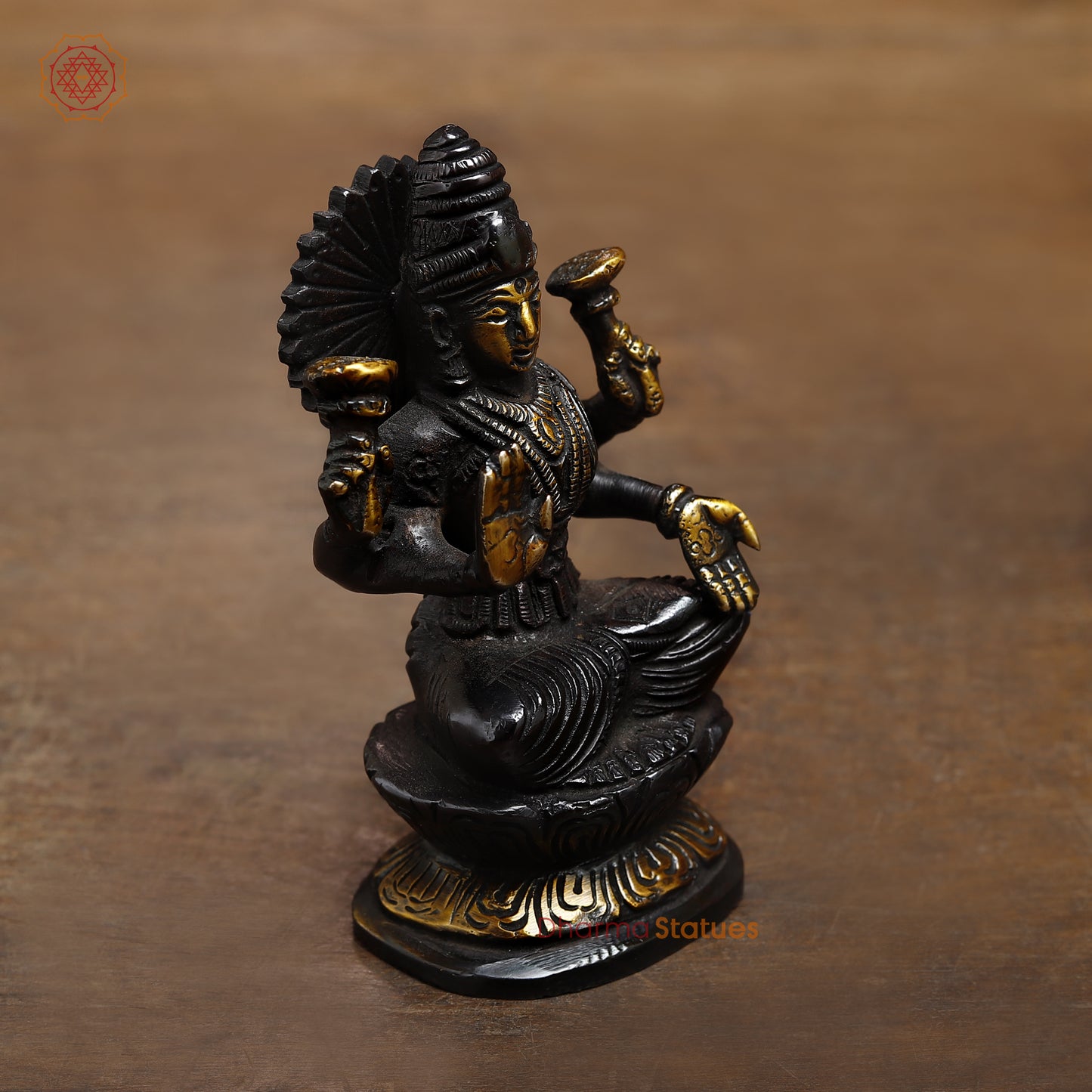 Brass Lakshmi seated in Blessing Posture, Black Patina & Golden Finish, 4.5"