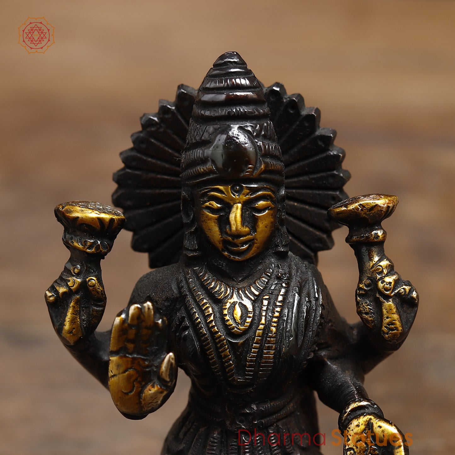 Brass Lakshmi seated in Blessing Posture, Black Patina & Golden Finish, 4.5"