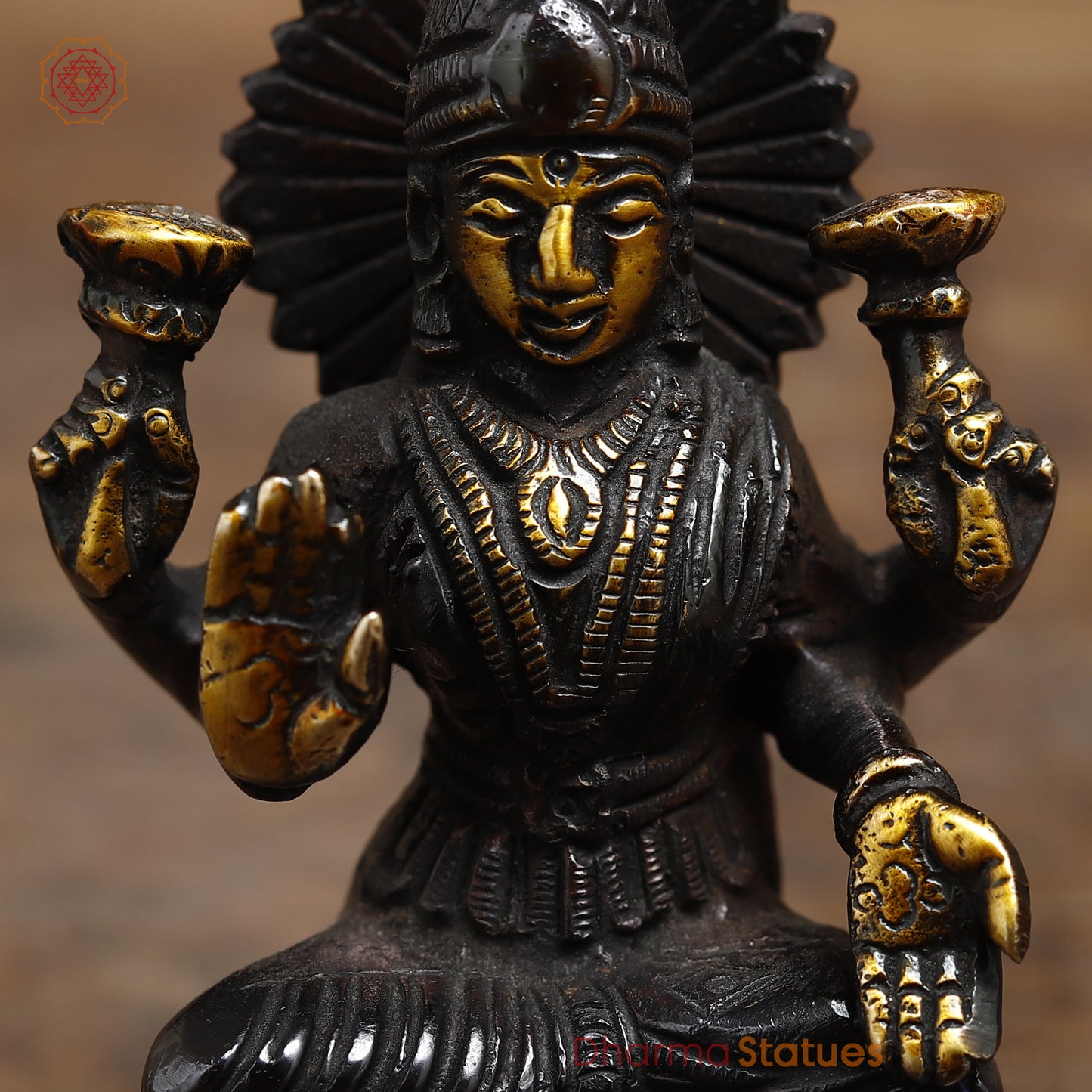 Brass Lakshmi seated in Blessing Posture, Black Patina & Golden Finish, 4.5"