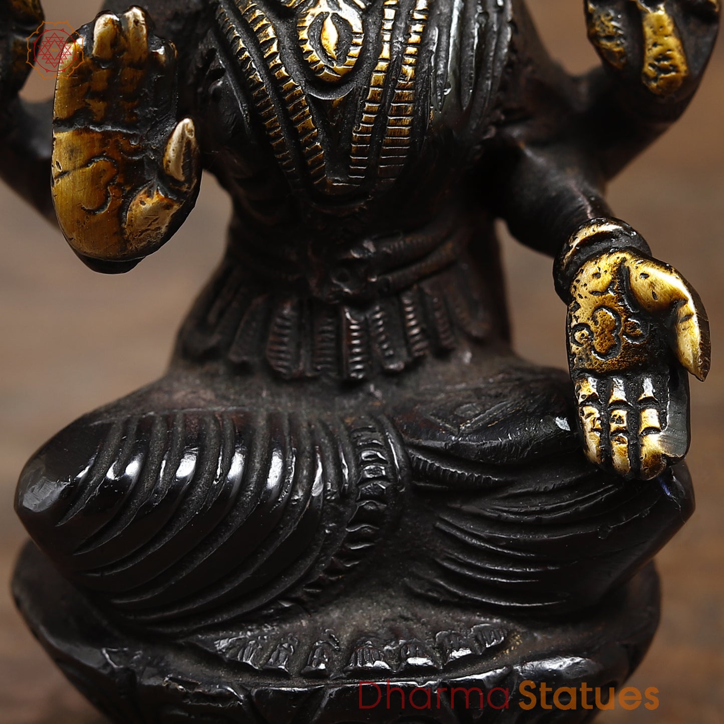 Brass Lakshmi seated in Blessing Posture, Black Patina & Golden Finish, 4.5"