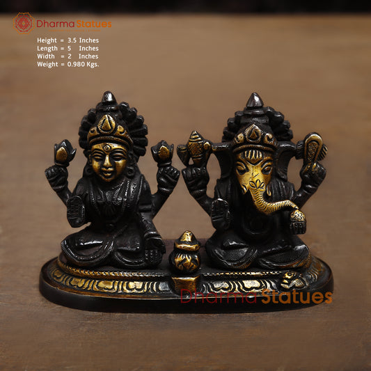 Brass Lakshmi & Ganesh in Blessing Posture, Black Patina & Gold Finish, 3.5"