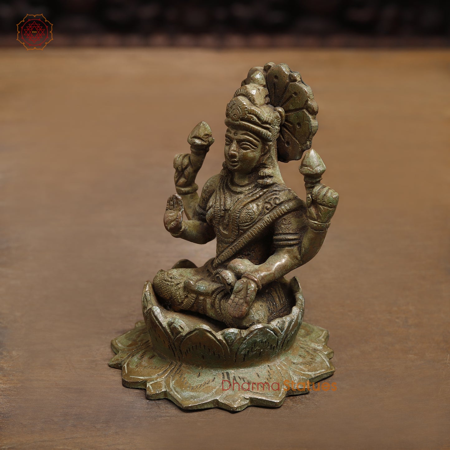 Brass Lakshmi seated in Blessing Posture, Green Patina Finish, 5"