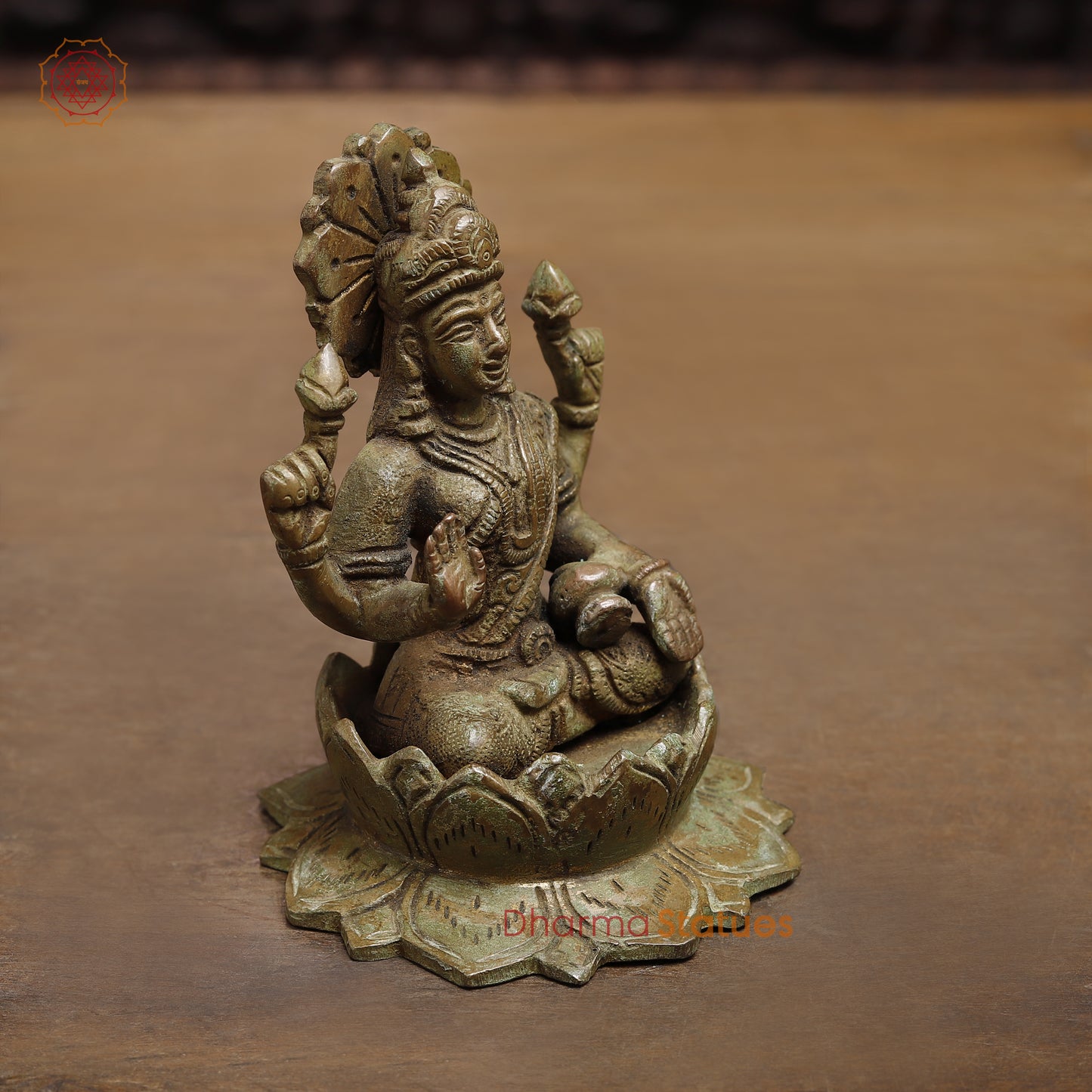 Brass Lakshmi seated in Blessing Posture, Green Patina Finish, 5"