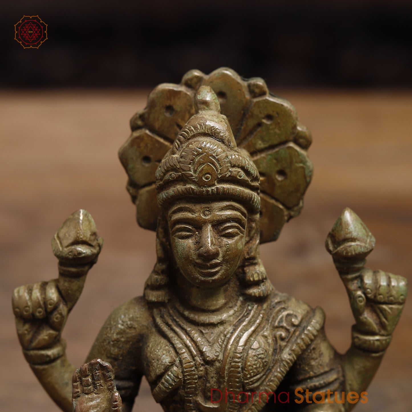 Brass Lakshmi seated in Blessing Posture, Green Patina Finish, 5"