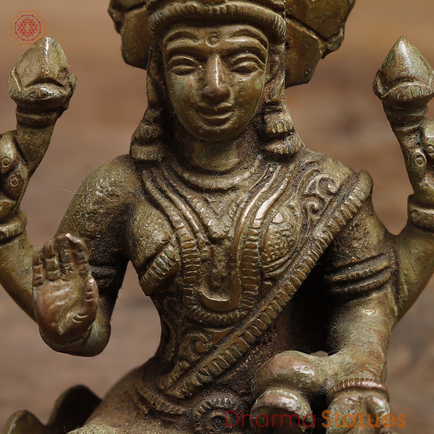 Brass Lakshmi seated in Blessing Posture, Green Patina Finish, 5"