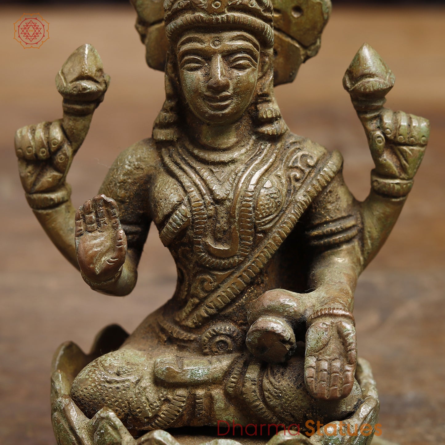 Brass Lakshmi seated in Blessing Posture, Green Patina Finish, 5"