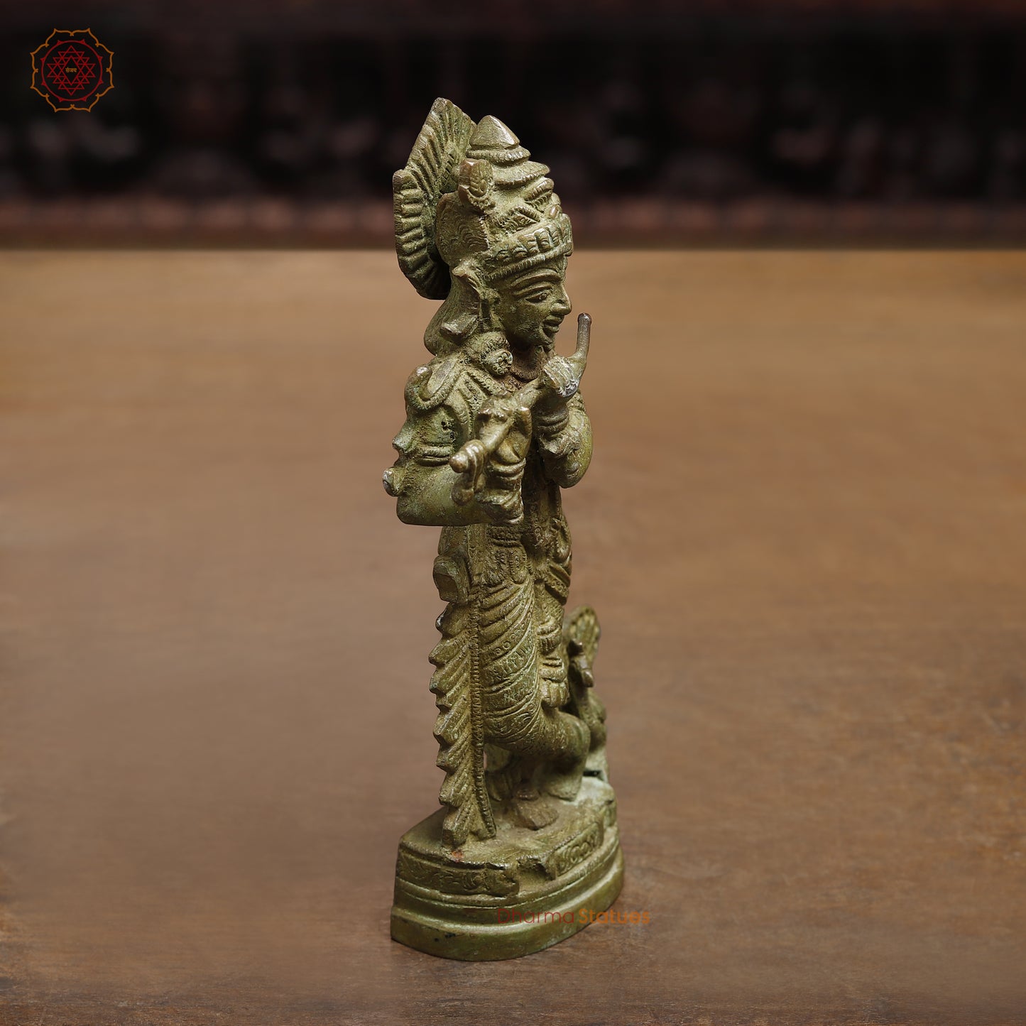 Brass Krishna Playing Flute, Fine Green Finish, 7.5"