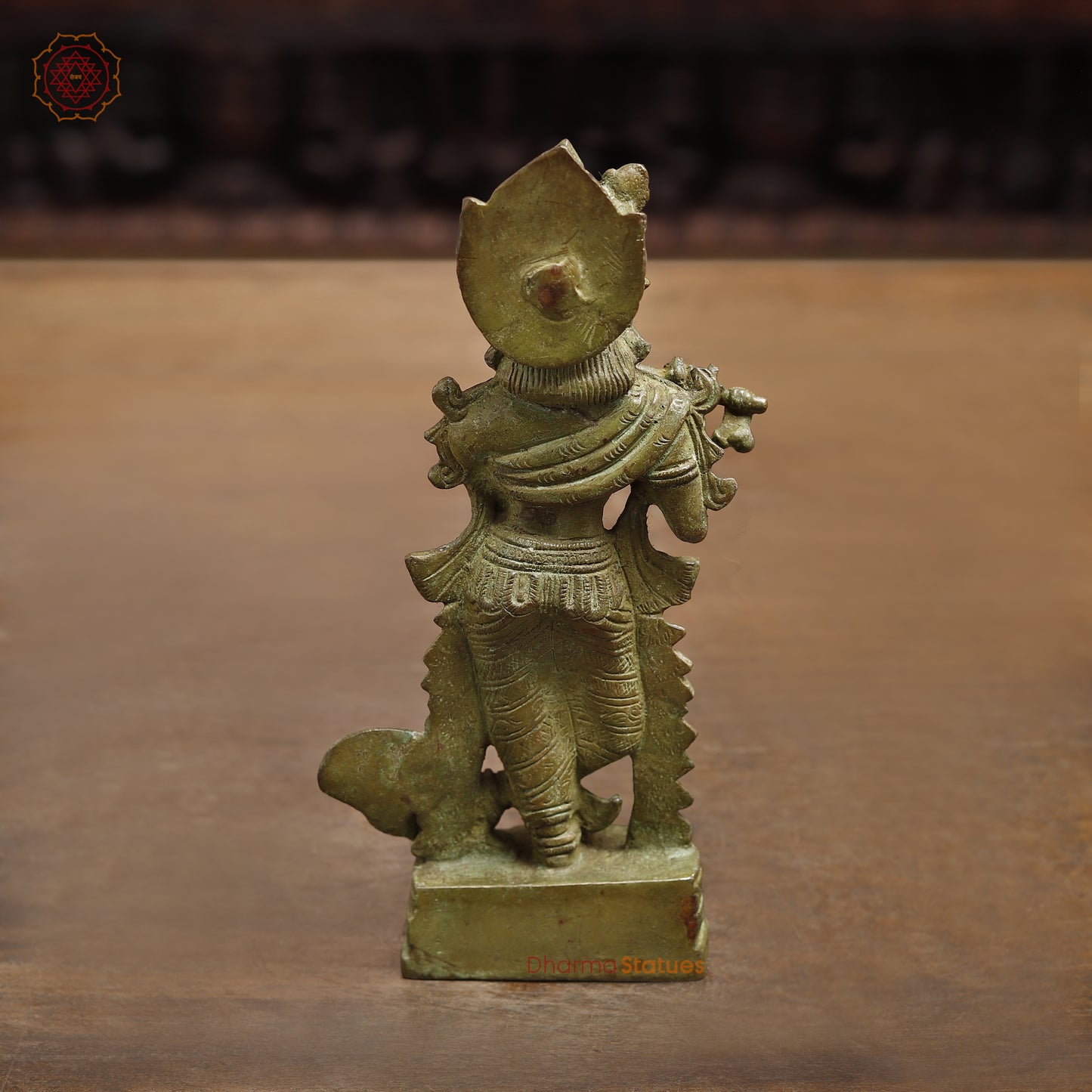 Brass Krishna Playing Flute, Fine Green Finish, 7.5"