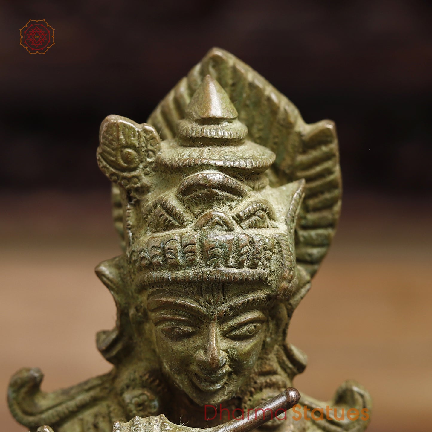 Brass Krishna Playing Flute, Fine Green Finish, 7.5"