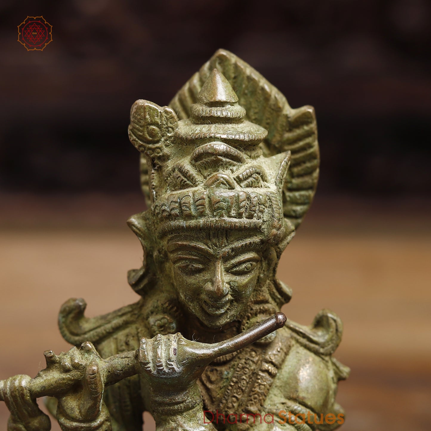 Brass Krishna Playing Flute, Fine Green Finish, 7.5"