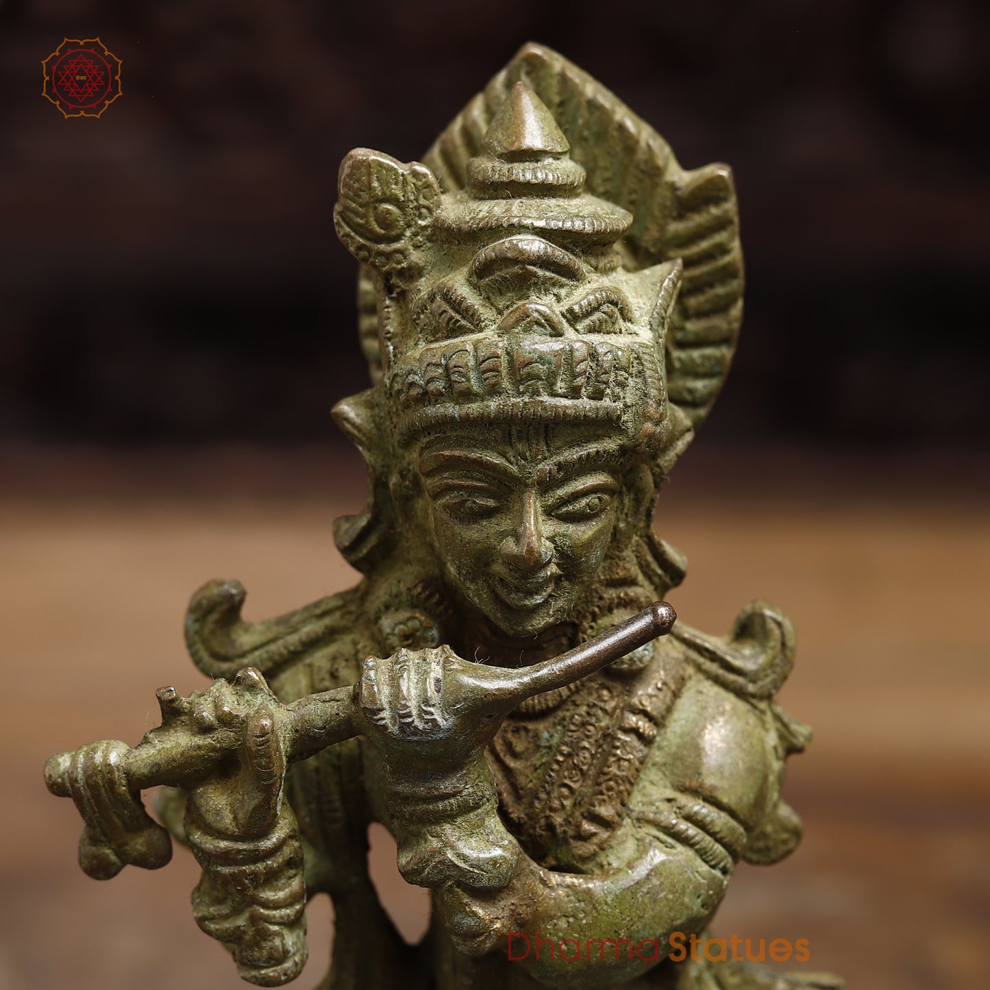 Brass Krishna Playing Flute, Fine Green Finish, 7.5"