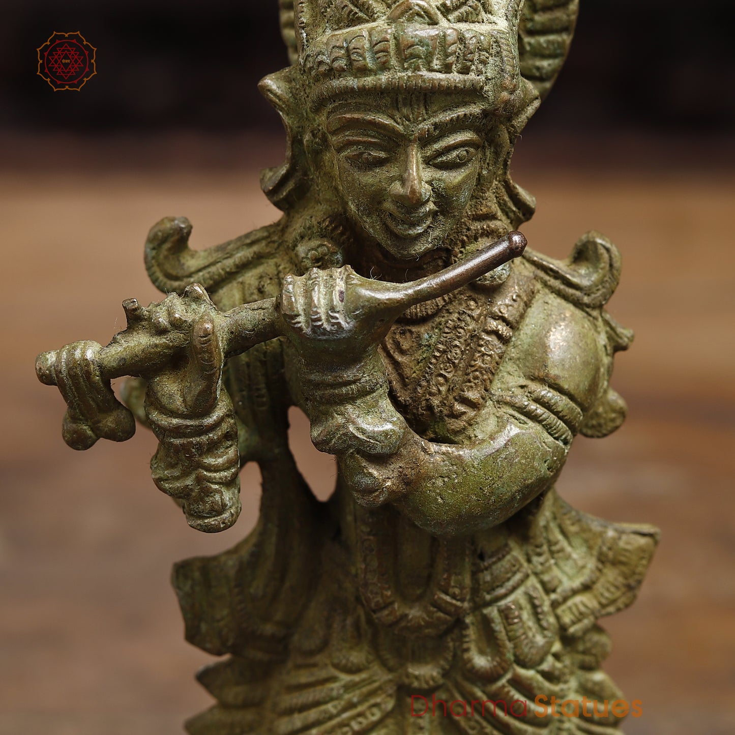 Brass Krishna Playing Flute, Fine Green Finish, 7.5"