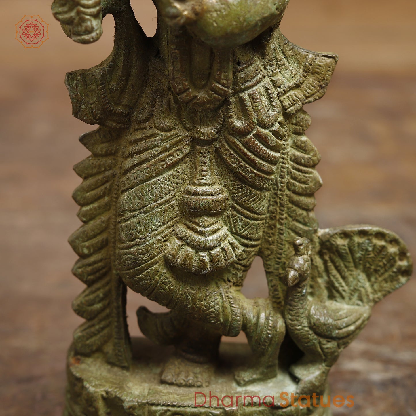 Brass Krishna Playing Flute, Fine Green Finish, 7.5"