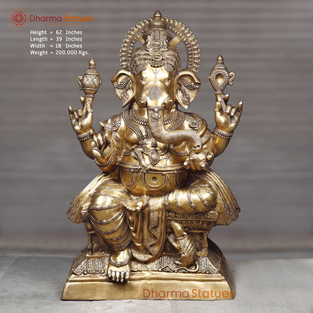 Brass Ganesha Statue, Blessing Ganesha, Golden and Stone work 17" Front View