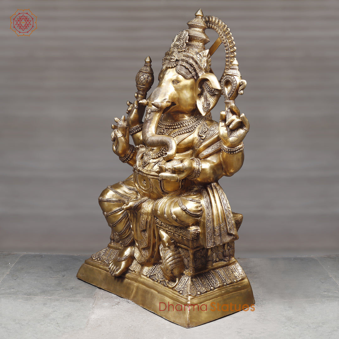 Brass Ganesh Statue Seated , Special Gold Finish 62"