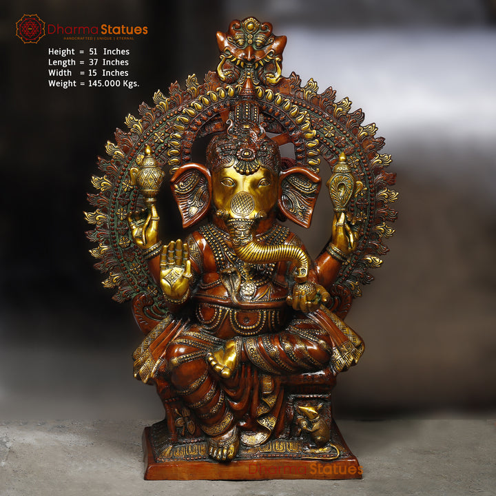 Brass Lord Ganesha Idol, Seated on Blessing Posture, Copper & Golden 51" Front View