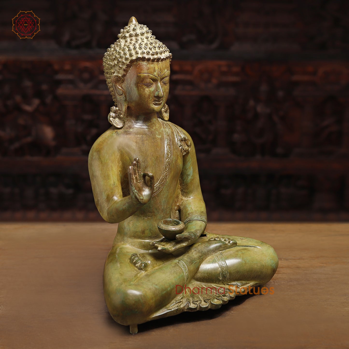 Meditating Brass Buddha Idol, Blessing Buddha, Antique Finish 20"