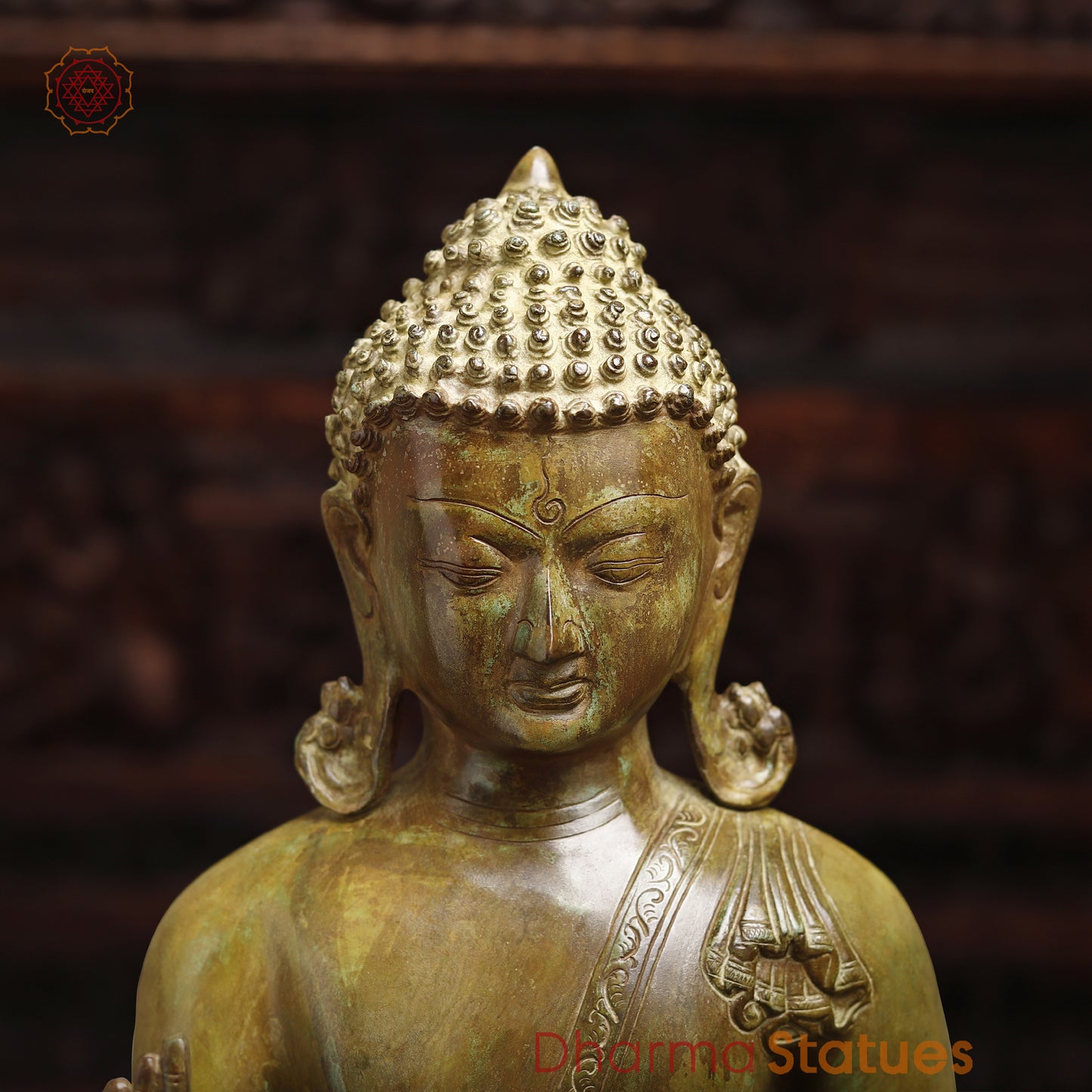 Meditating Brass Buddha Idol, Blessing Buddha, Antique Finish 20"