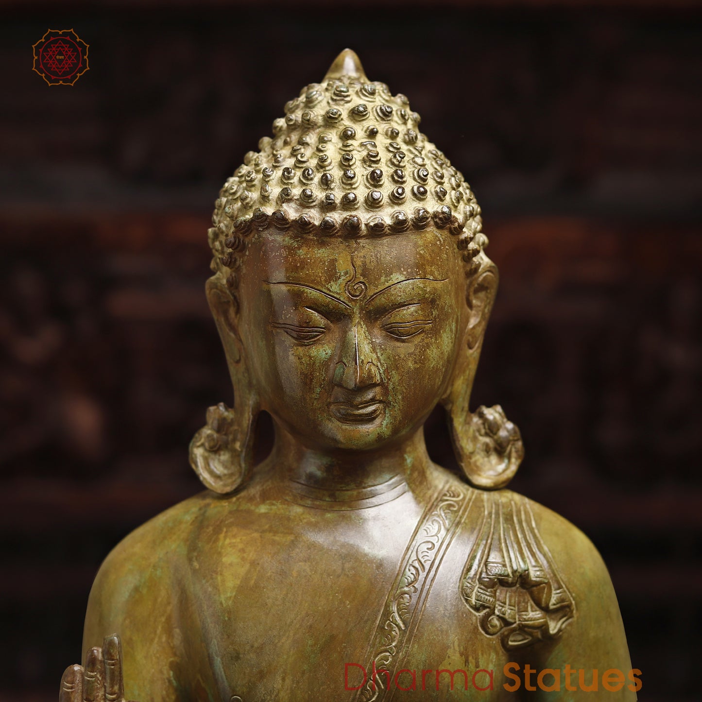 Meditating Brass Buddha Idol, Blessing Buddha, Antique Finish 20"