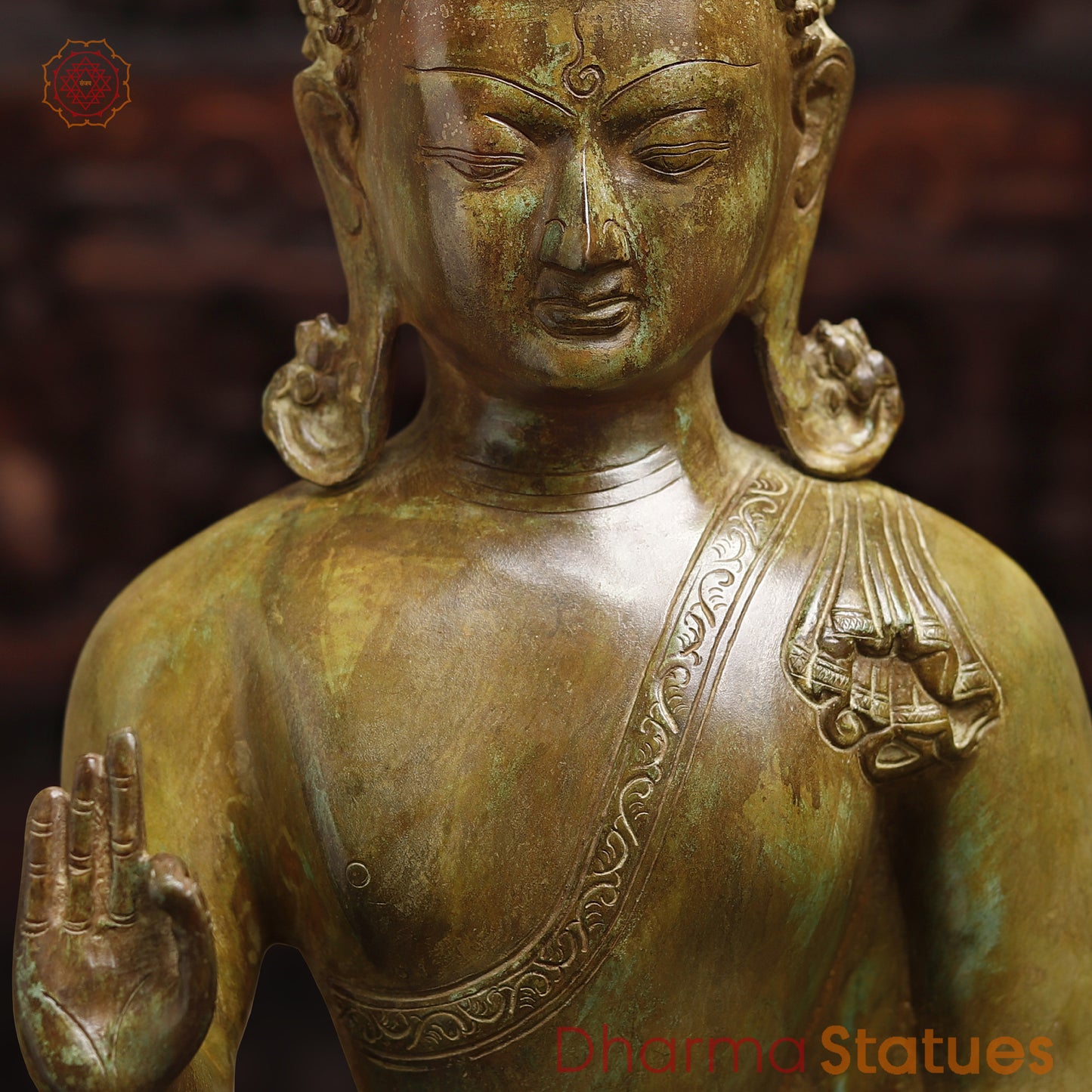 Meditating Brass Buddha Idol, Blessing Buddha, Antique Finish 20"